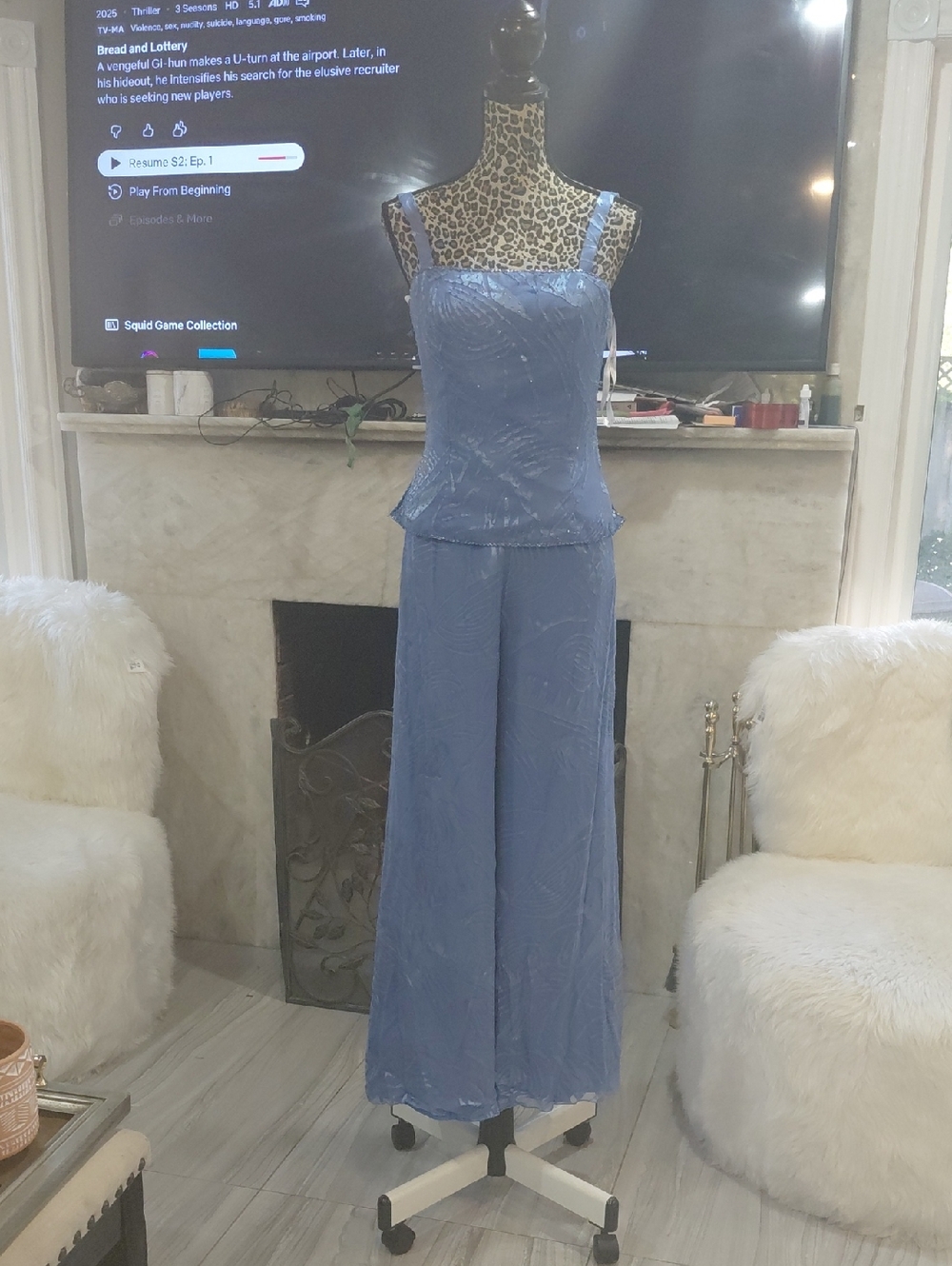 100% SilkMon Cheri Light Blue Wide-Leg Set Blouse And Pants with Square Neckline